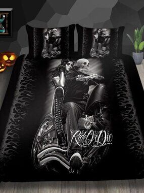 NWT Motorcycle 3 Piece Bedding Set Skull "Ride Or Die" Duvet Set King Size
